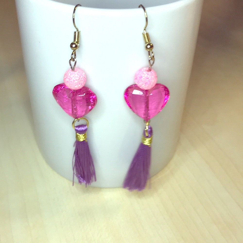 Emily Heart tassel earrings acrylic pink & purple handmade